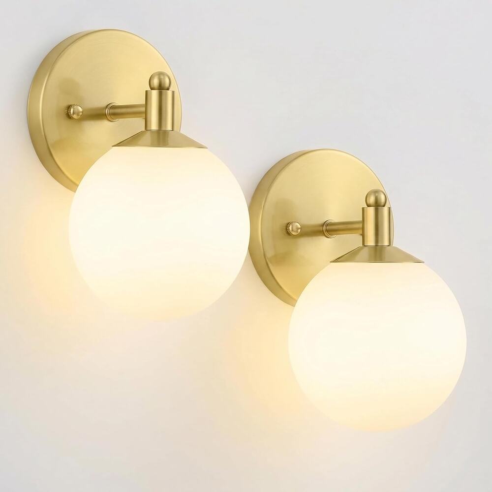Set of 2 Brushed Gold Bathroom Wall Sconces Frosted Glass Vanity Lights
